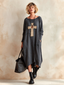 Women's Vintage Cotton Long-Sleeve Midi Dress With Cross-Pattern Patchwork ZMZ2032I5SWL