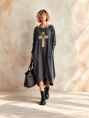 Women's Vintage Cotton Long-Sleeve Midi Dress With Cross-Pattern Patchwork ZMZ2032I5SWL