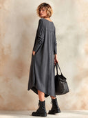 Women's Vintage Cotton Long-Sleeve Midi Dress With Cross-Pattern Patchwork ZMZ2032I5SWL
