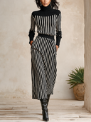 Women's Striped Knit Turtleneck Sweater & Maxi Skirt Two-Piece Set ZMZ2073I4YZH