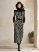 Women's Striped Knit Turtleneck Sweater & Maxi Skirt Two-Piece Set ZMZ2073I4YZH
