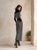 Women's Striped Knit Turtleneck Sweater & Maxi Skirt Two-Piece Set ZMZ2073I4YZH