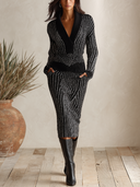 Women's Striped Knit Shawl Collar Sweater Midi Skirt Set ZMZ2041I9YZH