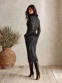 Women's Striped Knit Shawl Collar Sweater Midi Skirt Set ZMZ2041I9YZH