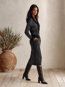 Women's Striped Knit Shawl Collar Sweater Midi Skirt Set ZMZ2041I9YZH