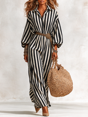 Women's Casual Striped Print Lantern-Sleeve Collared Maxi Dress (Belt Not Included) ZMZ2043I5XT
