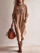 Women's Fashionable Khaki Cotton Leopard Print Patch Turtleneck Long-sleeved Midi Dress ZMZ2055I3SWL