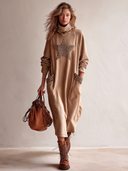 Women's Fashionable Khaki Cotton Leopard Print Patch Turtleneck Long-sleeved Midi Dress ZMZ2055I3SWL