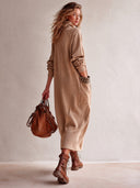Women's Fashionable Khaki Cotton Leopard Print Patch Turtleneck Long-sleeved Midi Dress ZMZ2055I3SWL