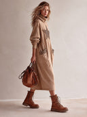 Women's Fashionable Khaki Cotton Leopard Print Patch Turtleneck Long-sleeved Midi Dress ZMZ2055I3SWL
