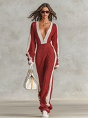 Women's Urban Color-Block V-Neck Zip-Front Knit Maxi Dress ZMZ2039I9XT