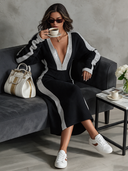 Women's Urban Color-Block V-Neck Zip-Front Knit Maxi Dress ZMZ2039I9XT