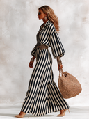 Women's Casual Striped Print Lantern-Sleeve Collared Maxi Dress (Belt Not Included) ZMZ2043I5XT