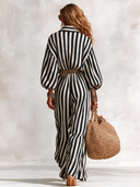 Women's Casual Striped Print Lantern-Sleeve Collared Maxi Dress (Belt Not Included) ZMZ2043I5XT