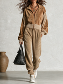 Women's Urban Casual Suede Patchwork Waffle Knit Jacket And Trousers Two-Piece Set ZMZ2015I0XT