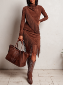 Women's Western Faux Suede Fringe Dress, Long Sleeve Cowgirl Irregular Hem Bodycon Dress, Vintage Cowboy Party Club Outfit ZMZ2131I4YZH