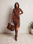 Women's Western Faux Suede Fringe Dress, Long Sleeve Cowgirl Irregular Hem Bodycon Dress, Vintage Cowboy Party Club Outfit ZMZ2131I4YZH