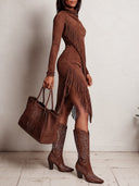 Women's Western Faux Suede Fringe Dress, Long Sleeve Cowgirl Irregular Hem Bodycon Dress, Vintage Cowboy Party Club Outfit ZMZ2131I4YZH