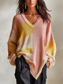 Women's Color Block V Neck Knit Sweater, Oversized Long Sleeve Irregular Raw Hem Pullover, Casual Loose Fall Jumper ZMZ2161I2YZH