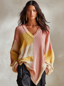 Women's Color Block V Neck Knit Sweater, Oversized Long Sleeve Irregular Raw Hem Pullover, Casual Loose Fall Jumper ZMZ2161I2YZH