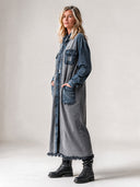 Women's Loose-Fit Denim-Panelled Raw-Edge Shirt-Style Coat ZMZ2109I3XT