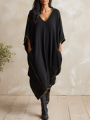 Women's Oversized V-Neck Knit Kaftan Dress With Contrast Stitch Trim ZMZ2106I4YZH