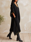 Women's Oversized V-Neck Knit Kaftan Dress With Contrast Stitch Trim ZMZ2106I4YZH