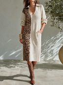 Women's American Retro Casual V-Neck Long-Sleeve Midi Knit Dress With Leopard Print Panel And Ribbed Texture ZMZ2149I0ZYY