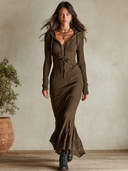 Women's Ribbed Knit Hooded Lace-Up Mermaid Maxi Dress ZMZ2137I2YZH
