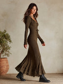 Women's Ribbed Knit Hooded Lace-Up Mermaid Maxi Dress ZMZ2137I2YZH