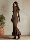 Women's Ribbed Knit Hooded Lace-Up Mermaid Maxi Dress ZMZ2137I2YZH