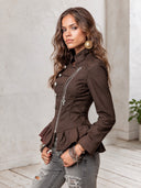 Women's Military Style Asymmetric Zip Peplum Jacket With Lion Button Detail ZMZ2196I2YZH