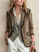 Women's Classic Leopard-Print Faux Suede Two-Button Blazer With Black Trim ZMZ2105I0SWL