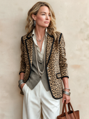 Women's Classic Leopard-Print Faux Suede Two-Button Blazer With Black Trim ZMZ2105I0SWL