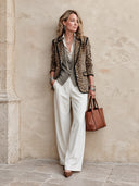 Women's Classic Leopard-Print Faux Suede Two-Button Blazer With Black Trim ZMZ2105I0SWL