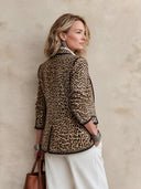 Women's Classic Leopard-Print Faux Suede Two-Button Blazer With Black Trim ZMZ2105I0SWL