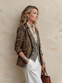 Women's Classic Leopard-Print Faux Suede Two-Button Blazer With Black Trim ZMZ2105I0SWL