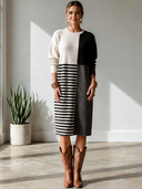 Women's Classic Casual Ribbed Knit Midi Dress – Crew Neck, Long Sleeve, Color-Block & Stripe Panel Design ZMZ2171I2ZYY