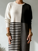 Women's Classic Casual Ribbed Knit Midi Dress – Crew Neck, Long Sleeve, Color-Block & Stripe Panel Design ZMZ2171I2ZYY
