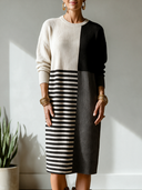 Women's Classic Casual Ribbed Knit Midi Dress – Crew Neck, Long Sleeve, Color-Block & Stripe Panel Design ZMZ2171I2ZYY