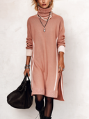 Women's Fashionable High-Neck Pink Knit Slit Long-Sleeve Knee-Length Dress ZMZ2159I6SWL