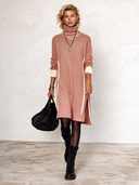 Women's Fashionable High-Neck Pink Knit Slit Long-Sleeve Knee-Length Dress ZMZ2159I6SWL