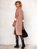 Women's Fashionable High-Neck Pink Knit Slit Long-Sleeve Knee-Length Dress ZMZ2159I6SWL