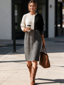 Women's Classic Casual Ribbed Knit Midi Dress – Crew Neck, Long Sleeve, Color-Block & Stripe Panel Design ZMZ2171I2ZYY