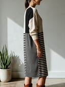 Women's Classic Casual Ribbed Knit Midi Dress – Crew Neck, Long Sleeve, Color-Block & Stripe Panel Design ZMZ2171I2ZYY