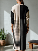 Women's Classic Casual Ribbed Knit Midi Dress – Crew Neck, Long Sleeve, Color-Block & Stripe Panel Design ZMZ2171I2ZYY
