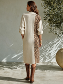 Women's American Retro Casual V-Neck Long-Sleeve Midi Knit Dress With Leopard Print Panel And Ribbed Texture ZMZ2149I0ZYY