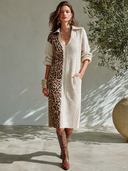 Women's American Retro Casual V-Neck Long-Sleeve Midi Knit Dress With Leopard Print Panel And Ribbed Texture ZMZ2149I0ZYY
