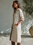 Women's American Retro Casual V-Neck Long-Sleeve Midi Knit Dress With Leopard Print Panel And Ribbed Texture ZMZ2149I0ZYY