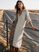 Women's American Retro Casual V-Neck Long-Sleeve Midi Knit Dress With Leopard Print Panel And Ribbed Texture ZMZ2149I0ZYY
